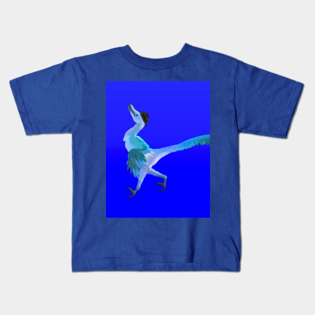 Feathered blue velociraptor with top hat Kids T-Shirt by Angsty-angst